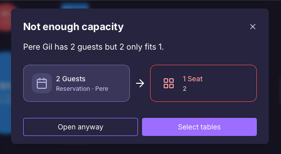 Alerta de capacidad insuficiente con opciones Open anyway y Select tables